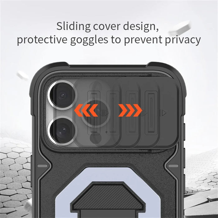 For iPhone 16 Pro Case Compatible with MagSafe PC+TPU Kickstand Phone Cover with Lanyard - Black - 6