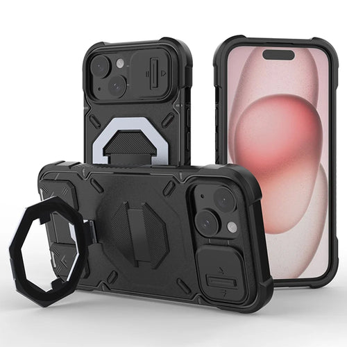 For iPhone 15 Case Compatible with MagSafe PC+TPU Kickstand Phone Cover with Lanyard - Black - 1