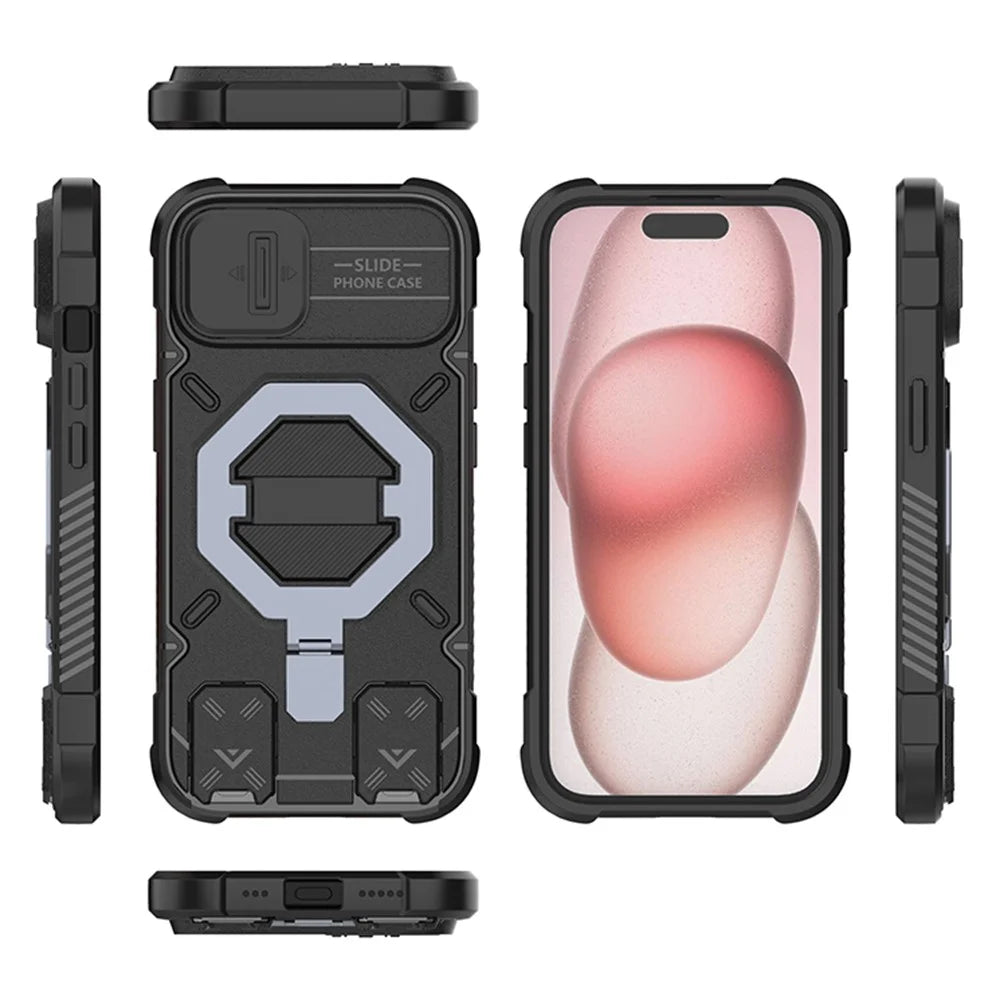 For iPhone 15 Case Compatible with MagSafe PC+TPU Kickstand Phone Cover with Lanyard - Black - 2