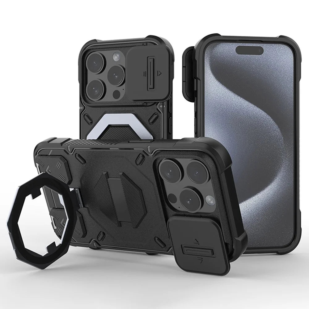 For iPhone 15 Pro Case Compatible with MagSafe Camera Lens Guard PC+TPU Kickstand Phone Cover with Lanyard - Black - 1