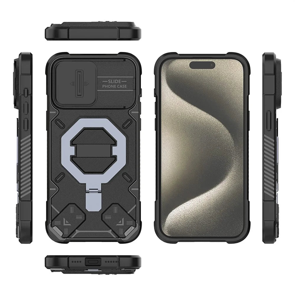 For iPhone 15 Pro Case Compatible with MagSafe Camera Lens Guard PC+TPU Kickstand Phone Cover with Lanyard - Black - 2