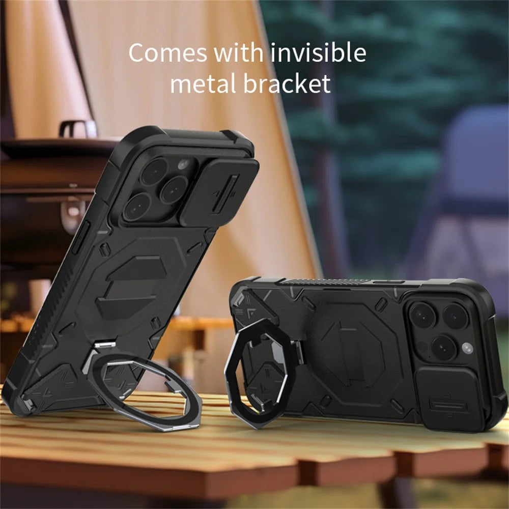 For iPhone 15 Pro Case Compatible with MagSafe Camera Lens Guard PC+TPU Kickstand Phone Cover with Lanyard - Black - 3