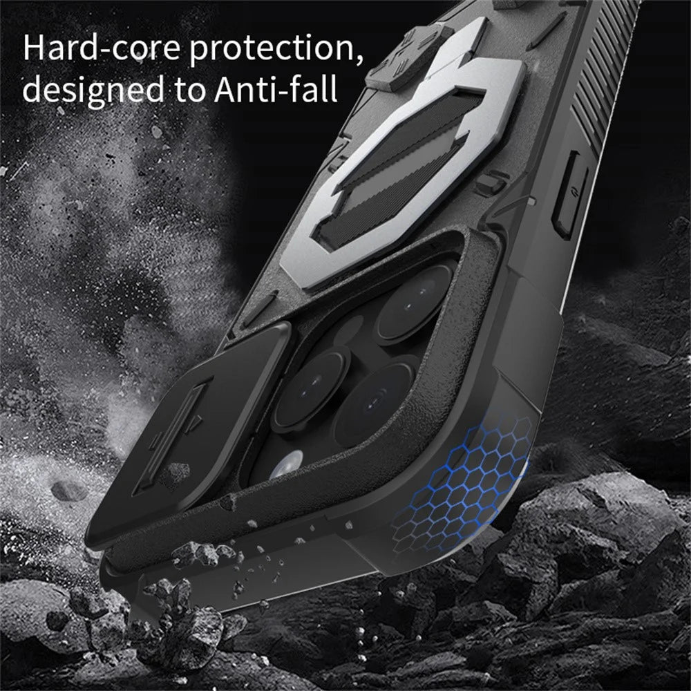 For iPhone 15 Pro Case Compatible with MagSafe Camera Lens Guard PC+TPU Kickstand Phone Cover with Lanyard - Black - 5