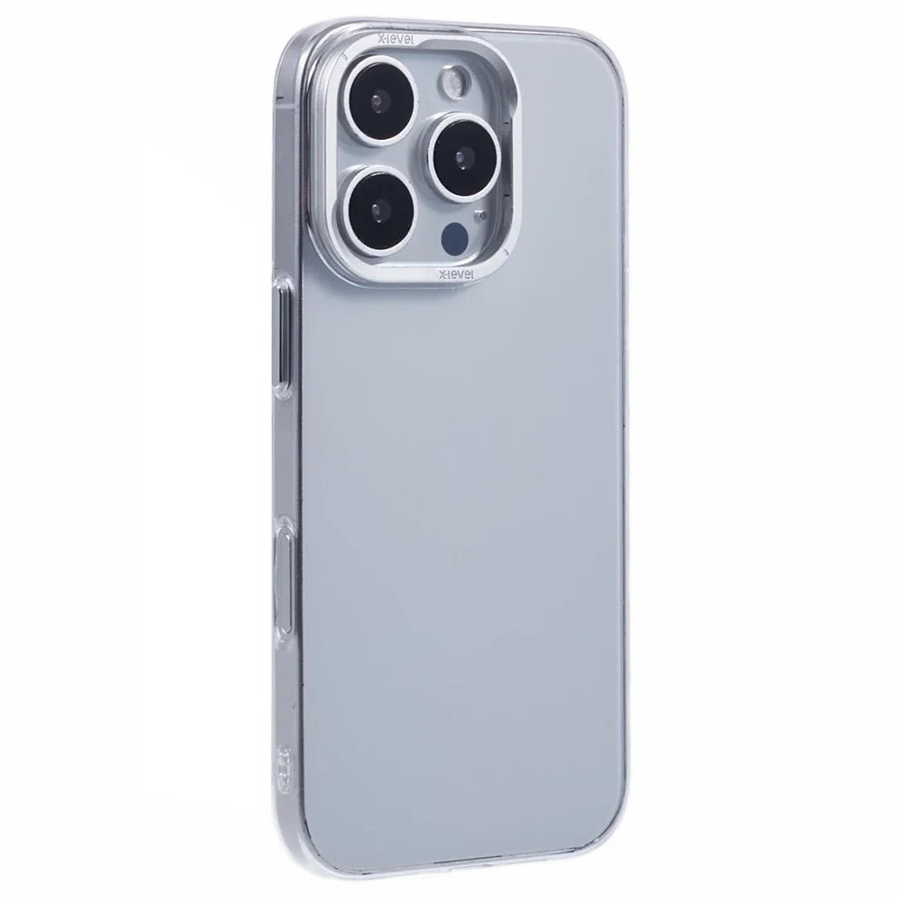 X-LEVEL For iPhone 16 Pro Clear Case with Lens Frame Kickstand PC Slim Phone Back Cover - 1