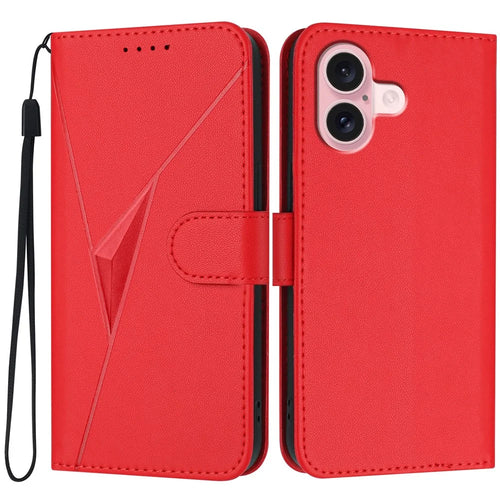 YX0090 For iPhone 16 Case Triangle Imprint Leather Phone Cover with Lanyard - Red - 1