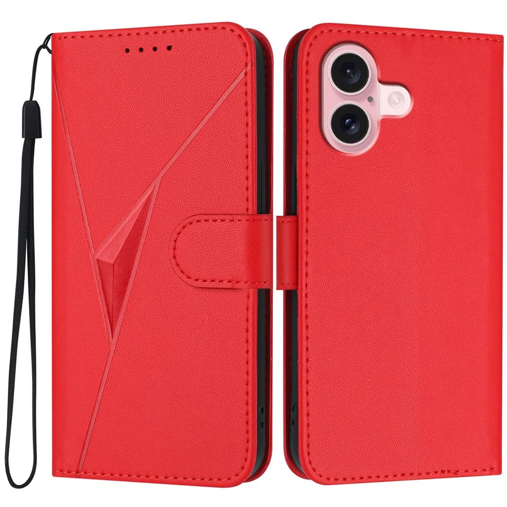YX0090 For iPhone 16 Case Triangle Imprint Leather Phone Cover with Lanyard - Red - 1