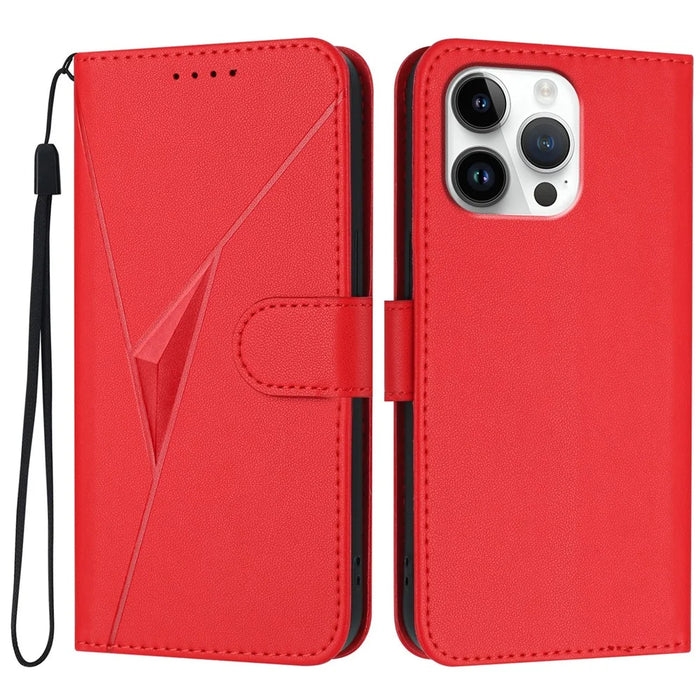 YX0090 For iPhone 16 Pro Max Case Triangle Imprint Leather Phone Cover with Lanyard - Red - 1