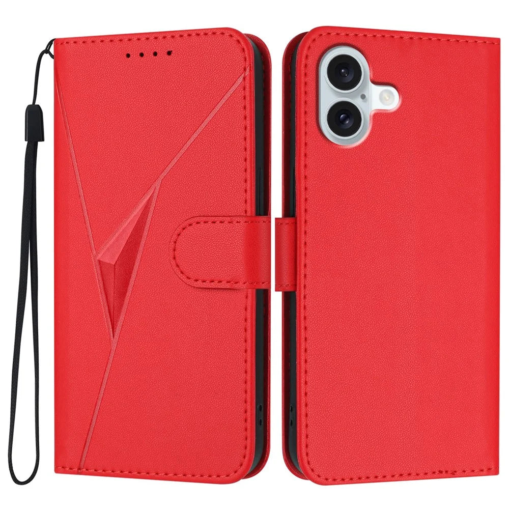 YX0090 For iPhone 16 Plus Case Triangle Imprint Leather Phone Cover with Lanyard - Red - 1