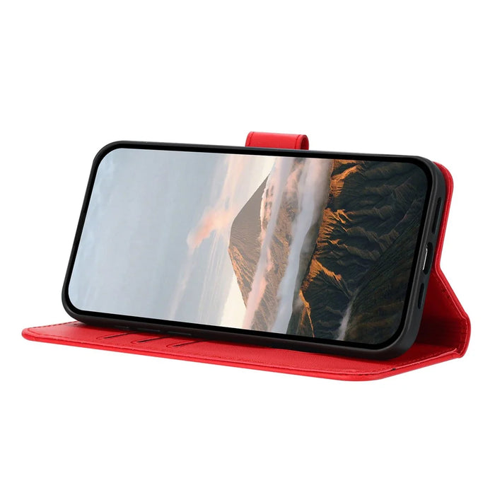 YX0090 For iPhone 16 Plus Case Triangle Imprint Leather Phone Cover with Lanyard - Red - 3