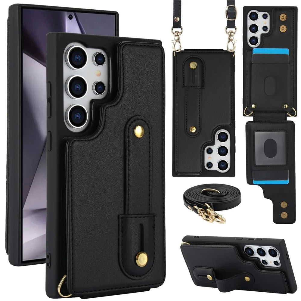 For Samsung Galaxy S25 Ultra Case Kickstand Card Slots Leather Coated TPU Cover with Shoulder Strap - Black - 1