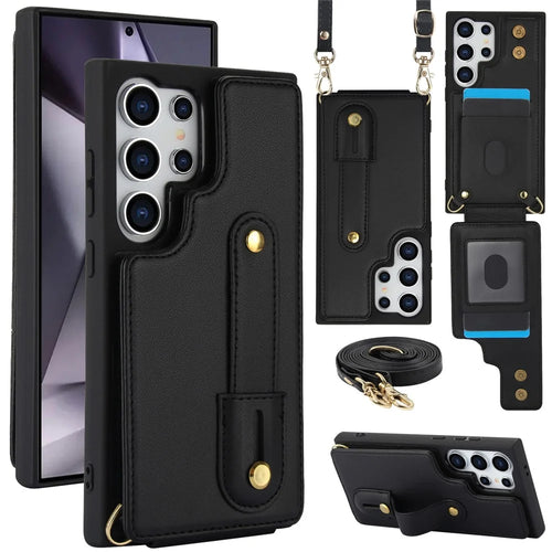 For Samsung Galaxy S25 Ultra Case Kickstand Card Slots Leather Coated TPU Cover with Shoulder Strap - Black - 1
