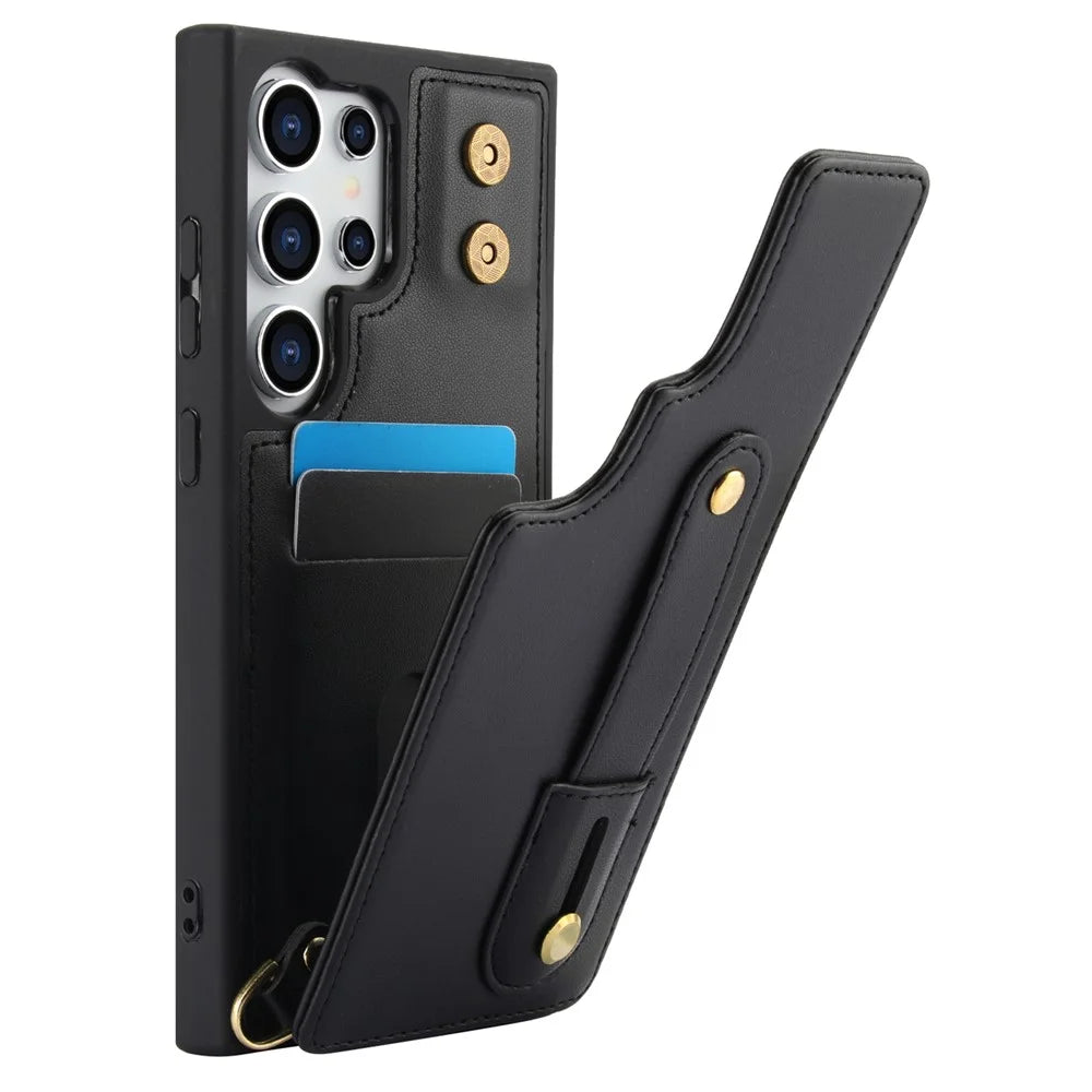 For Samsung Galaxy S25 Ultra Case Kickstand Card Slots Leather Coated TPU Cover with Shoulder Strap - Black - 2