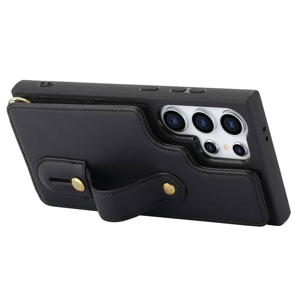 For Samsung Galaxy S25 Ultra Case Kickstand Card Slots Leather Coated TPU Cover with Shoulder Strap - Black - 4