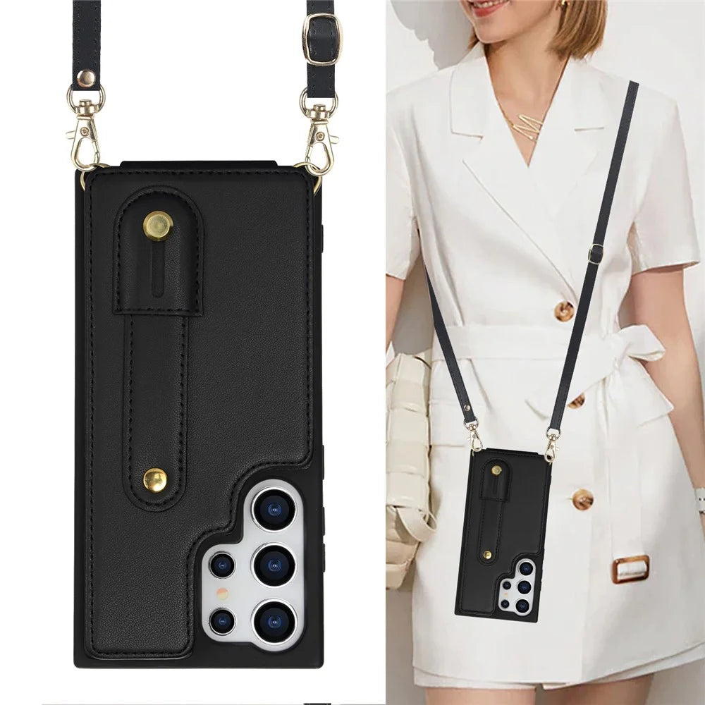 For Samsung Galaxy S25 Ultra Case Kickstand Card Slots Leather Coated TPU Cover with Shoulder Strap - Black - 6