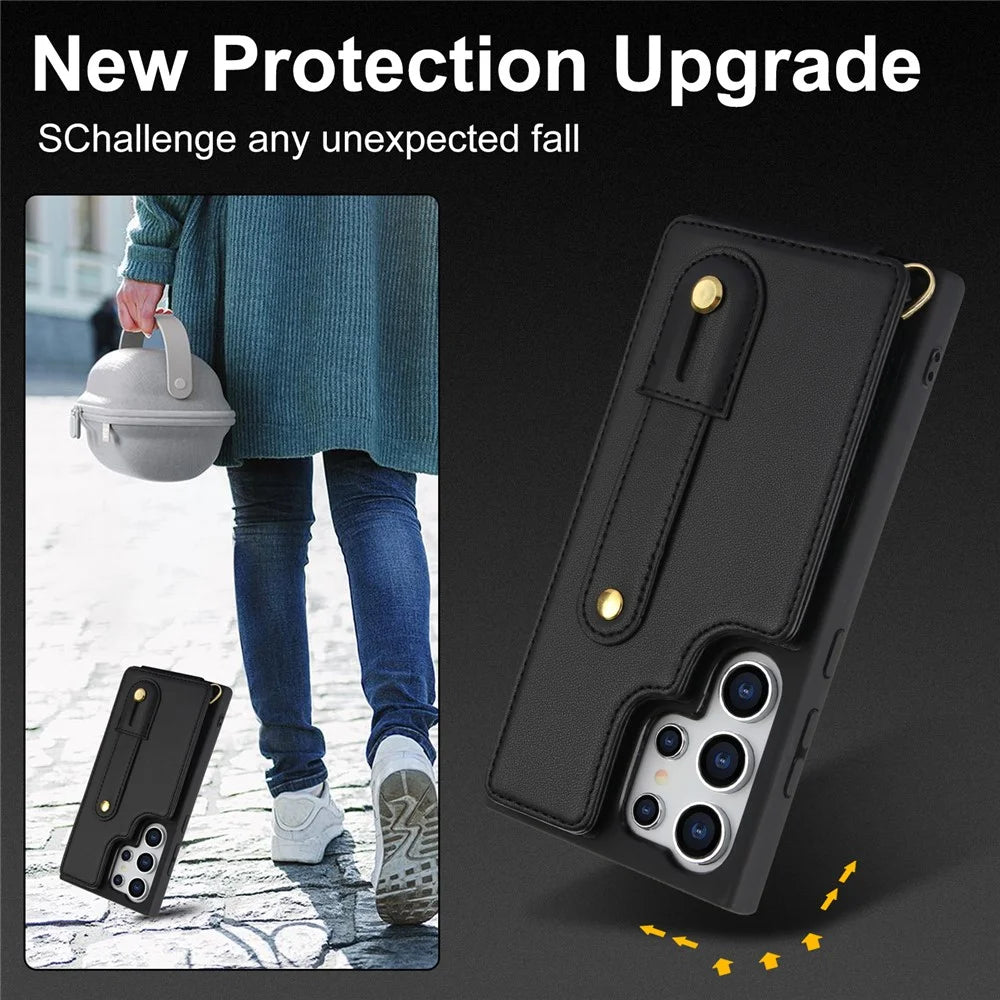 For Samsung Galaxy S25 Ultra Case Kickstand Card Slots Leather Coated TPU Cover with Shoulder Strap - Black - 7