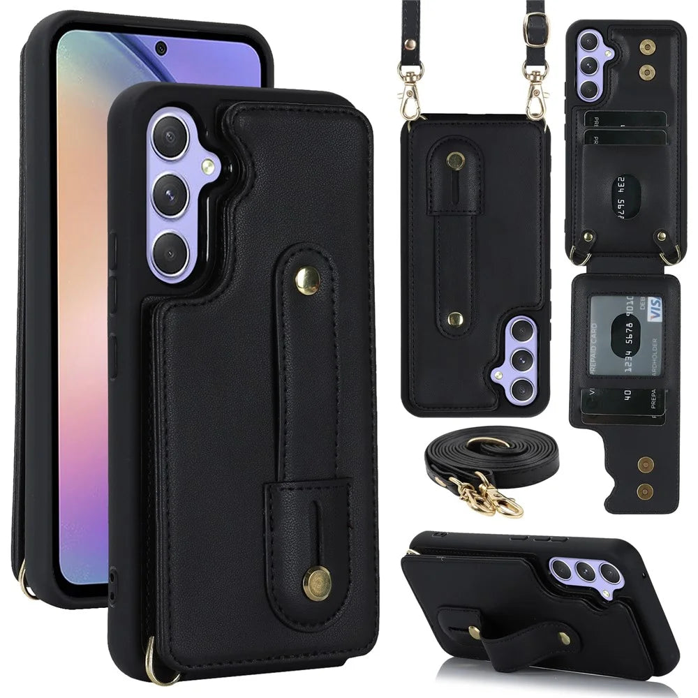 For Samsung Galaxy S25+ Case Kickstand Card Slots Leather Coated TPU Cover with Shoulder Strap - Black - 1