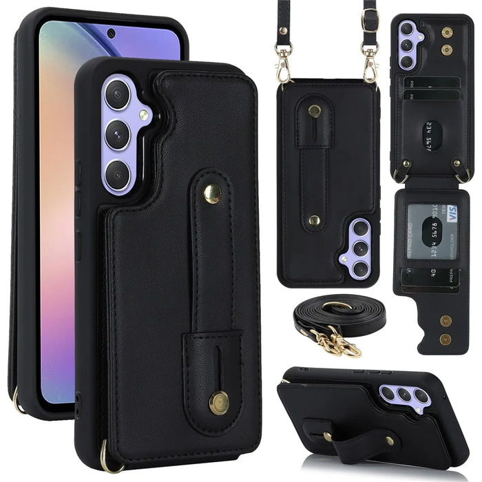 For Samsung Galaxy S25+ Case Kickstand Card Slots Leather Coated TPU Cover with Shoulder Strap - Black - 1