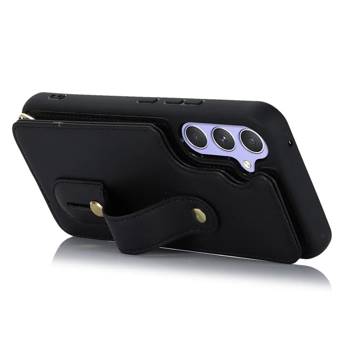 For Samsung Galaxy S25+ Case Kickstand Card Slots Leather Coated TPU Cover with Shoulder Strap - Black - 2