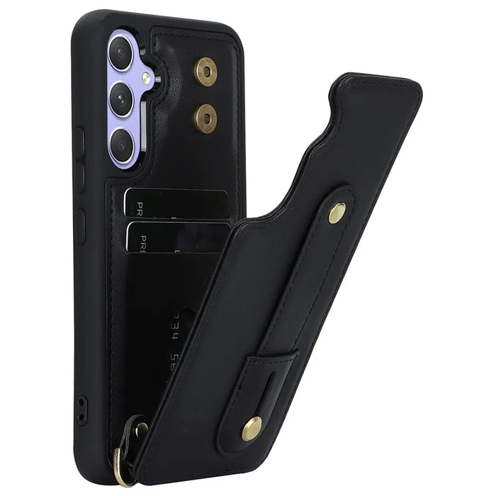 For Samsung Galaxy S25+ Case Kickstand Card Slots Leather Coated TPU Cover with Shoulder Strap - Black - 4