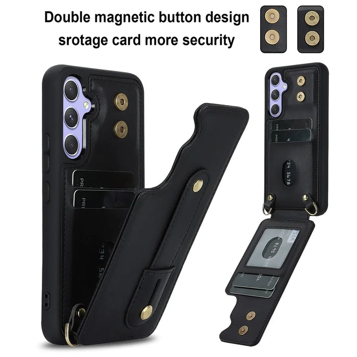 For Samsung Galaxy S25+ Case Kickstand Card Slots Leather Coated TPU Cover with Shoulder Strap - Black - 5