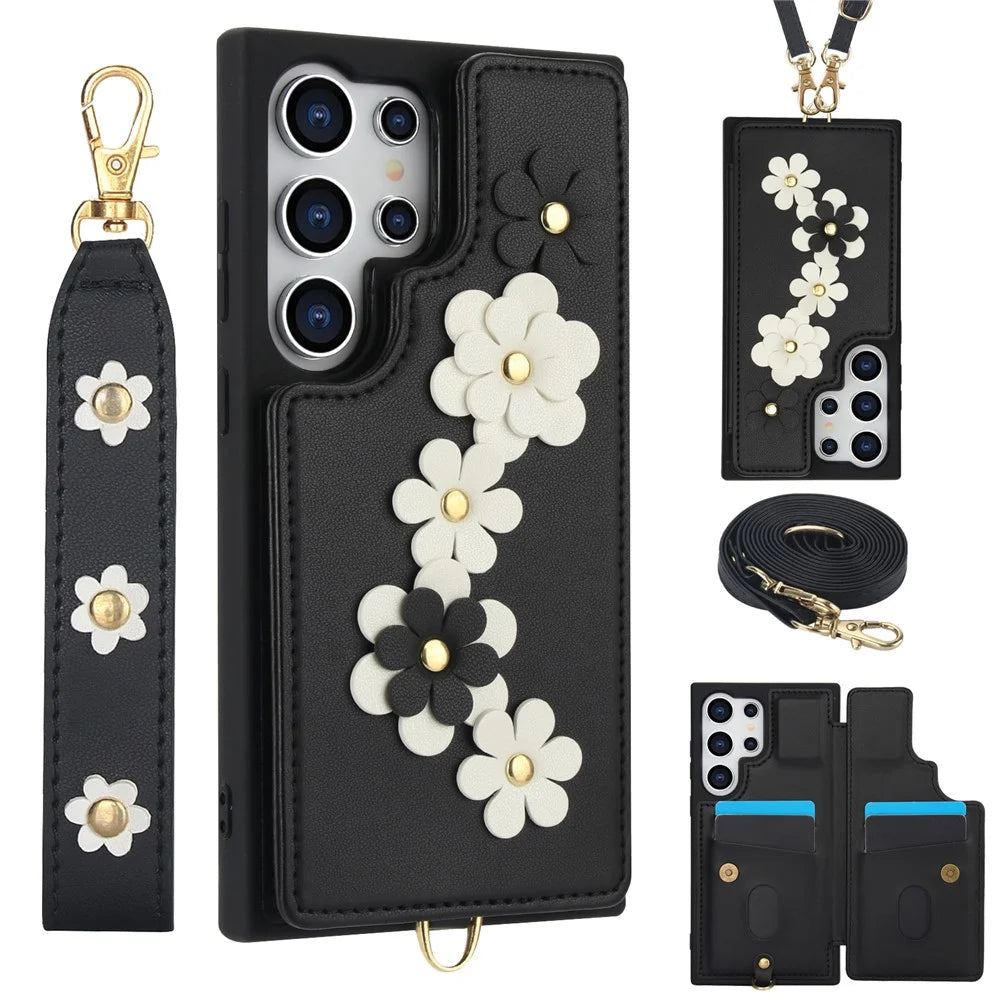SY-001 For Samsung Galaxy S25 Ultra Case Card Slots Leather Coated TPU Flower Phone Cover - Black - 1