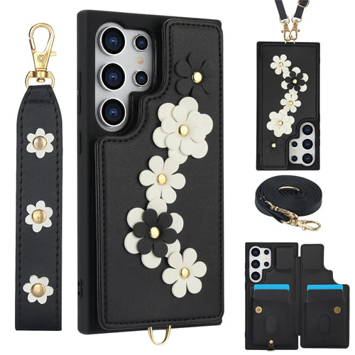 SY-001 For Samsung Galaxy S25 Ultra Case Card Slots Leather Coated TPU Flower Phone Cover - Black - 1