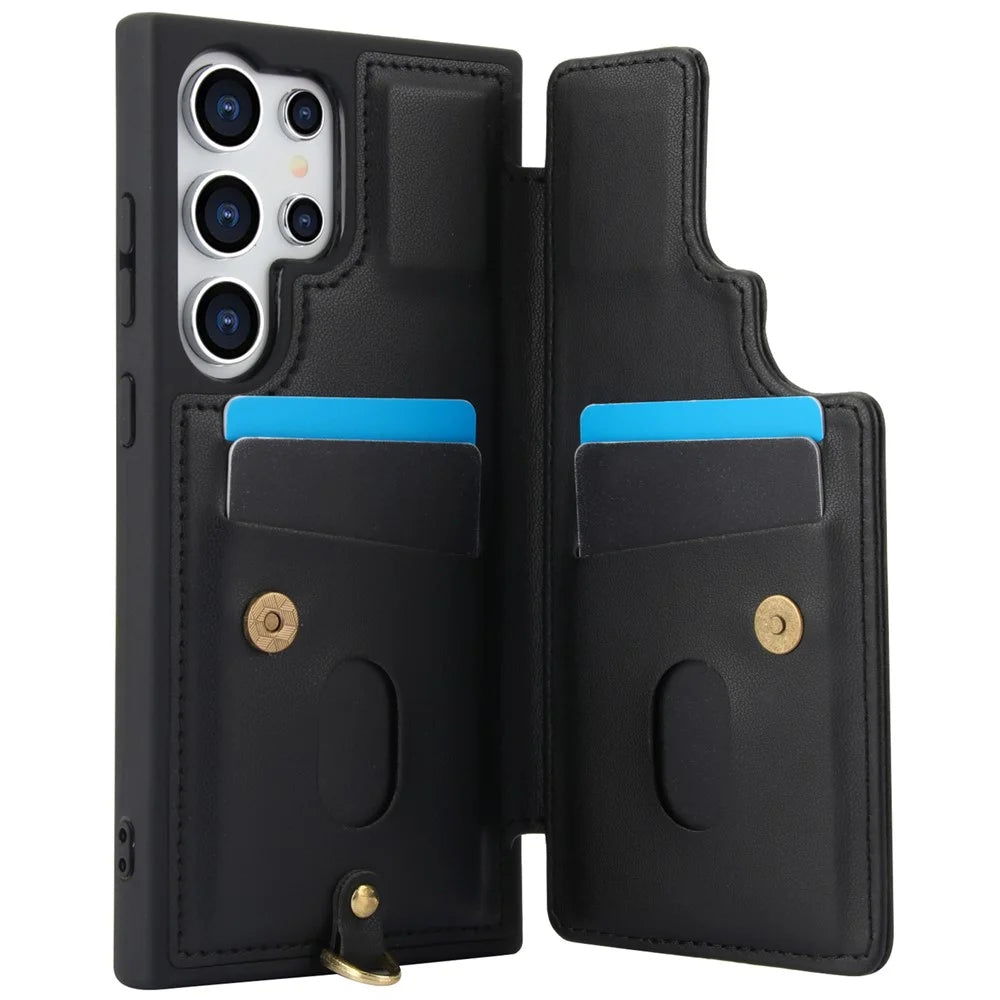 SY-001 For Samsung Galaxy S25 Ultra Case Card Slots Leather Coated TPU Flower Phone Cover - Black - 2