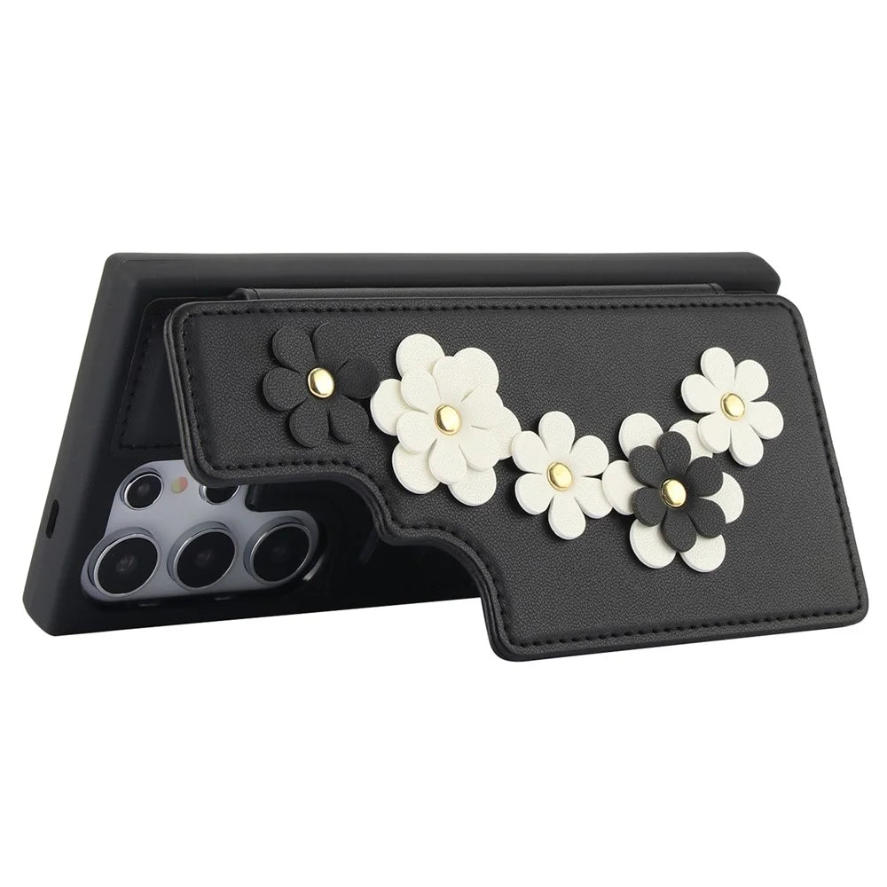 SY-001 For Samsung Galaxy S25 Ultra Case Card Slots Leather Coated TPU Flower Phone Cover - Black - 3