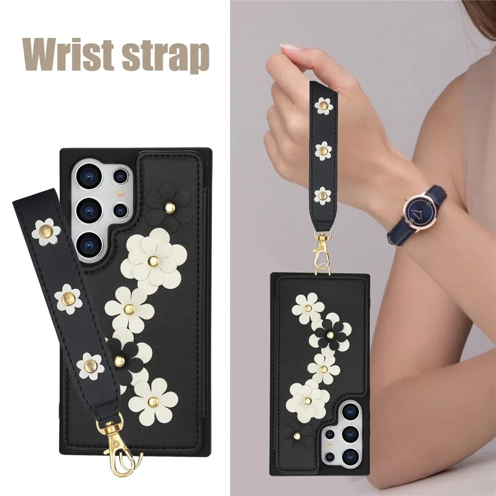 SY-001 For Samsung Galaxy S25 Ultra Case Card Slots Leather Coated TPU Flower Phone Cover - Black - 5
