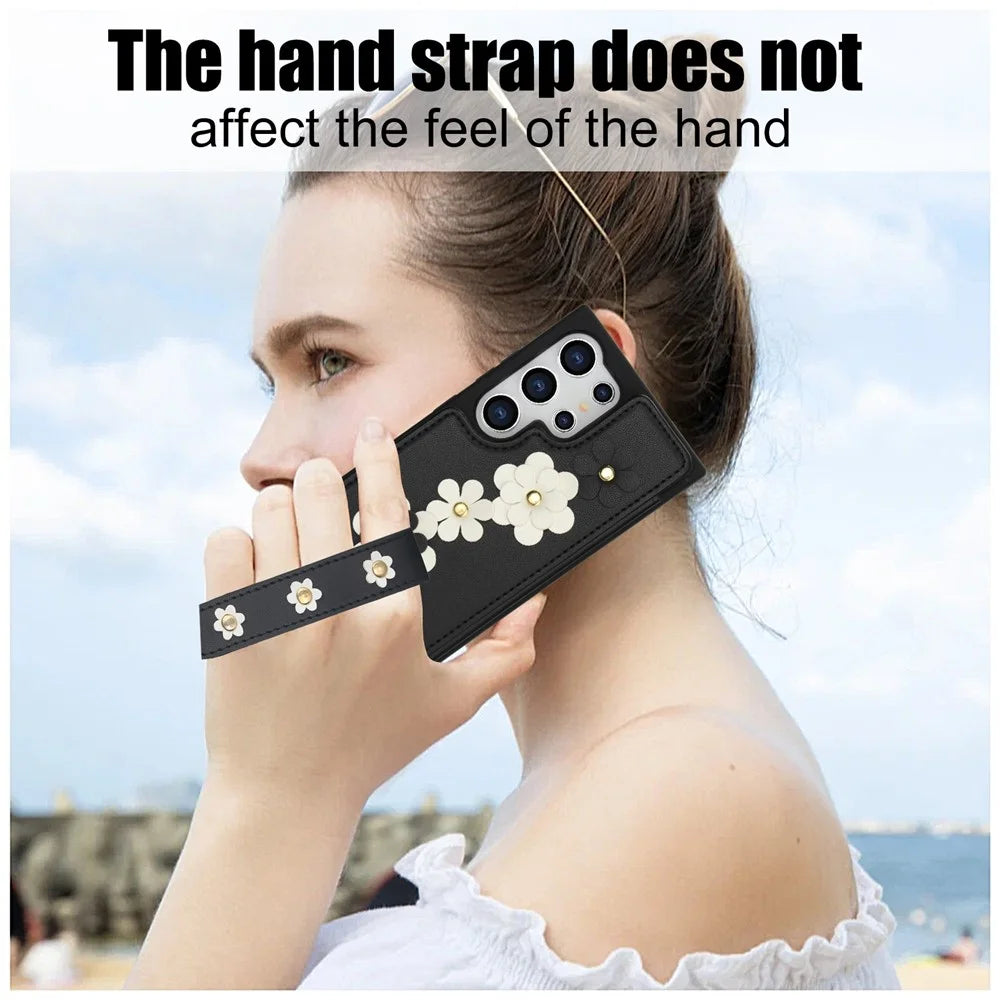 SY-001 For Samsung Galaxy S25 Ultra Case Card Slots Leather Coated TPU Flower Phone Cover - Black - 6