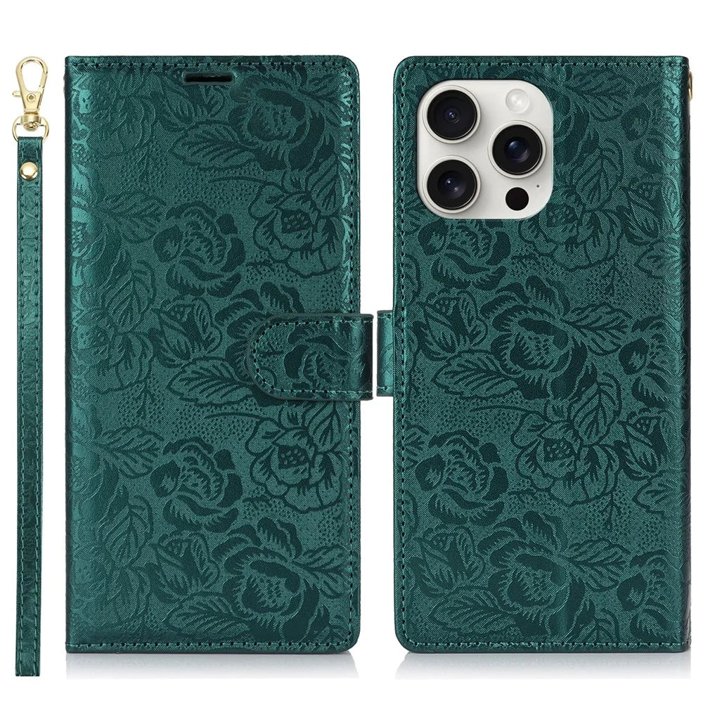 For iPhone 16 Pro Max Case with Hand Strap Flower Imprint Leather Wallet Phone Cover - Green - 1