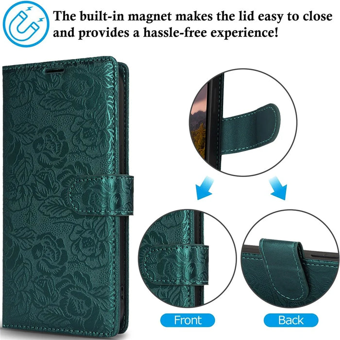 For iPhone 16 Pro Max Case with Hand Strap Flower Imprint Leather Wallet Phone Cover - Green - 5