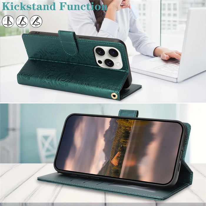 For iPhone 16 Pro Max Case with Hand Strap Flower Imprint Leather Wallet Phone Cover - Green - 6