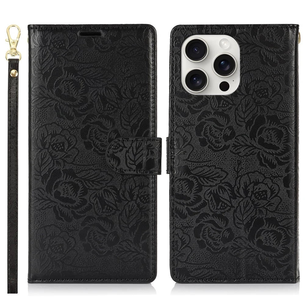 For iPhone 16 Pro Case with Hand Strap Flower Imprint Leather Wallet Phone Cover - Black - 1