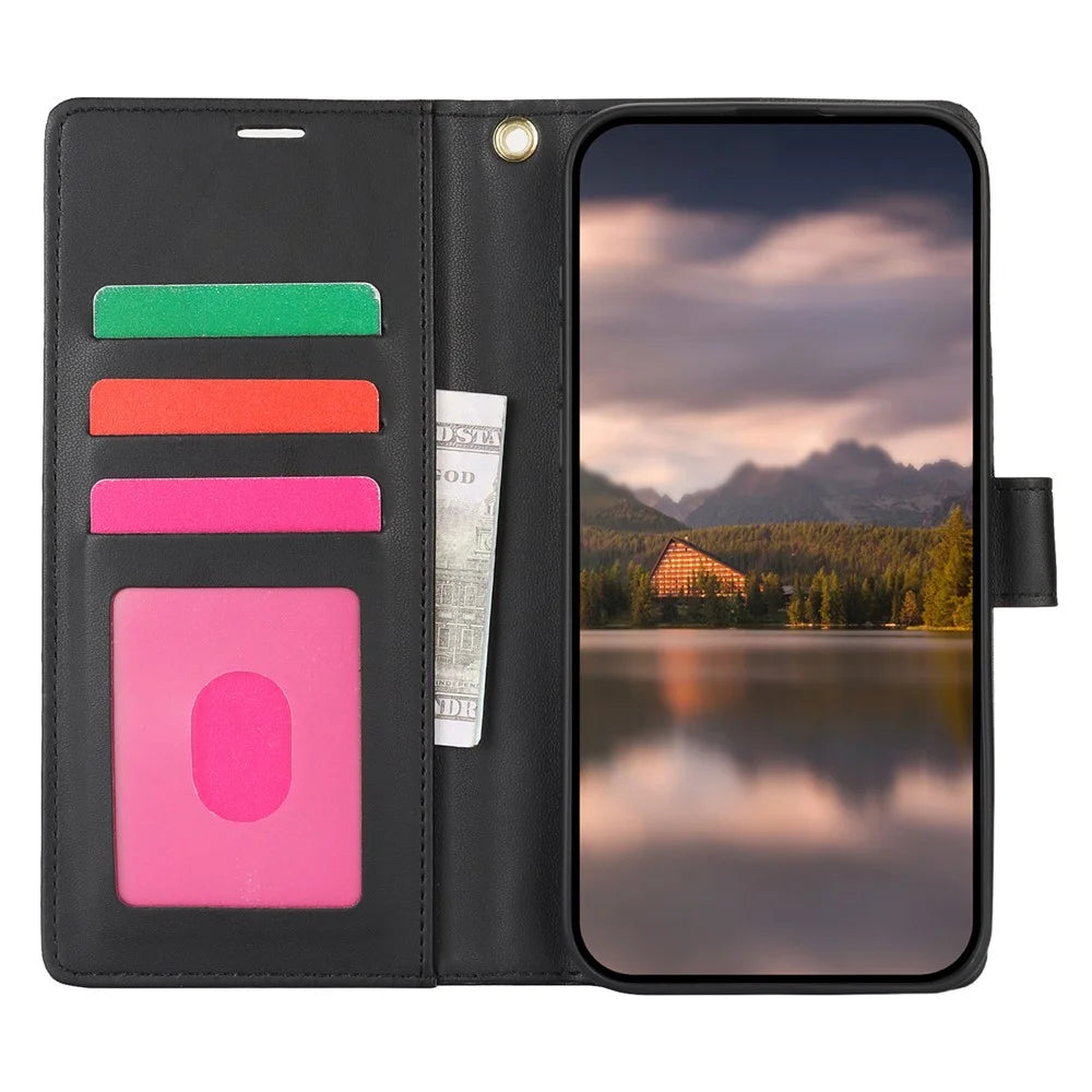 For iPhone 16 Pro Case with Hand Strap Flower Imprint Leather Wallet Phone Cover - Black - 2