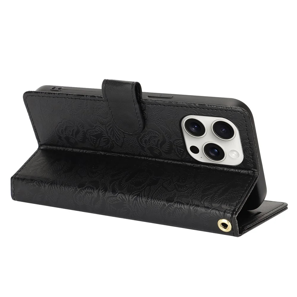 For iPhone 16 Pro Case with Hand Strap Flower Imprint Leather Wallet Phone Cover - Black - 3