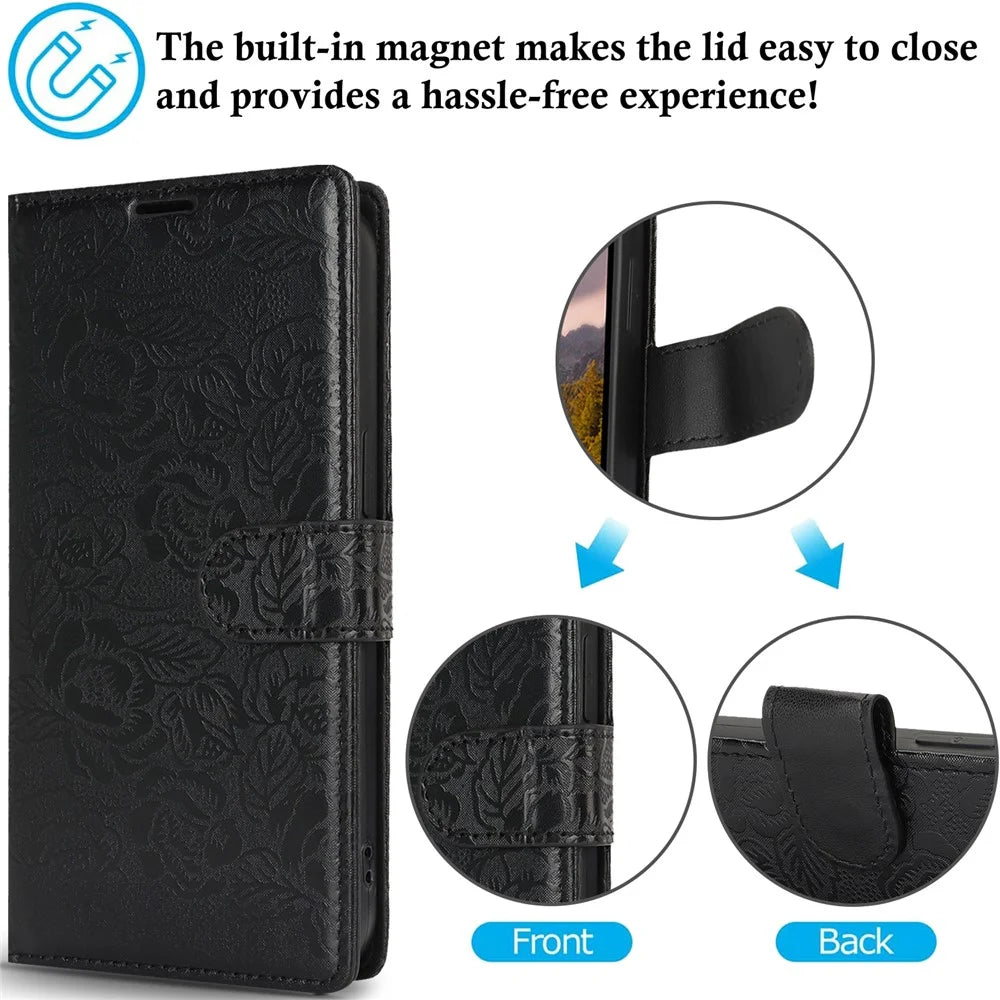 For iPhone 16 Pro Case with Hand Strap Flower Imprint Leather Wallet Phone Cover - Black - 5