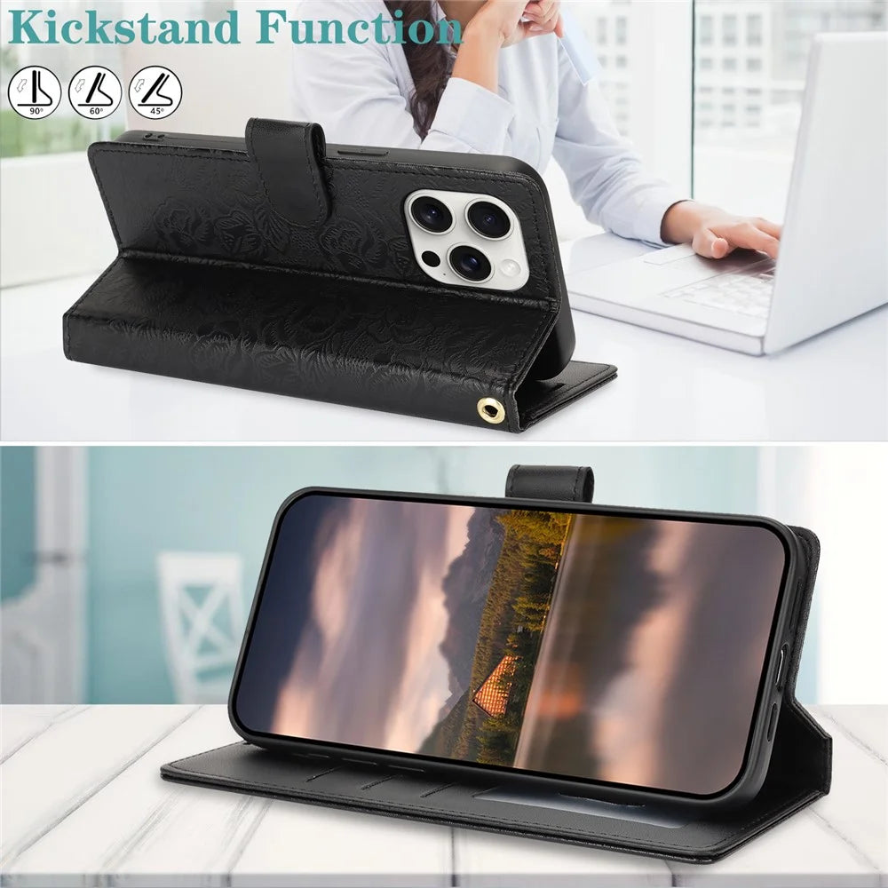 For iPhone 16 Pro Case with Hand Strap Flower Imprint Leather Wallet Phone Cover - Black - 6