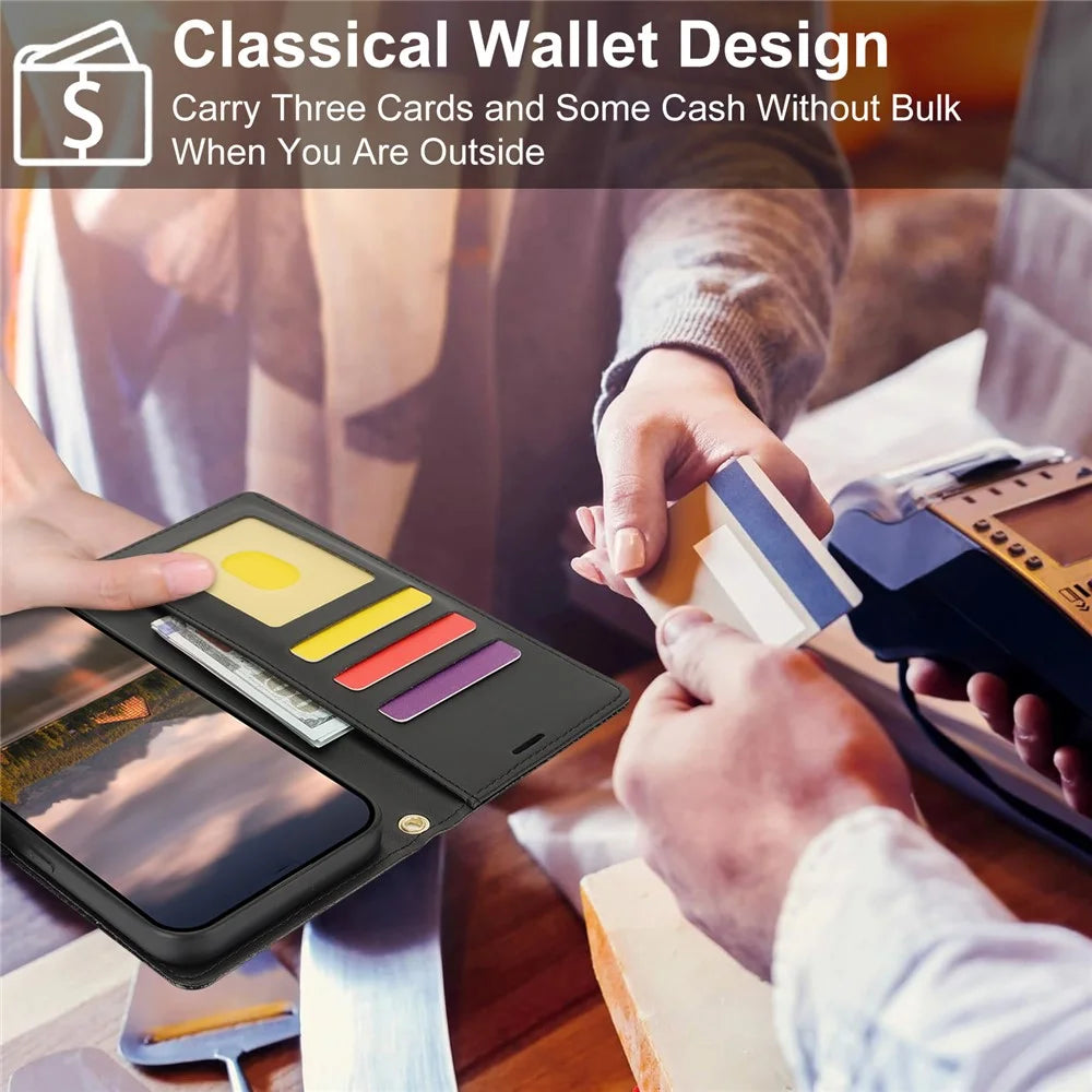 For iPhone 16 Pro Case with Hand Strap Flower Imprint Leather Wallet Phone Cover - Black - 7