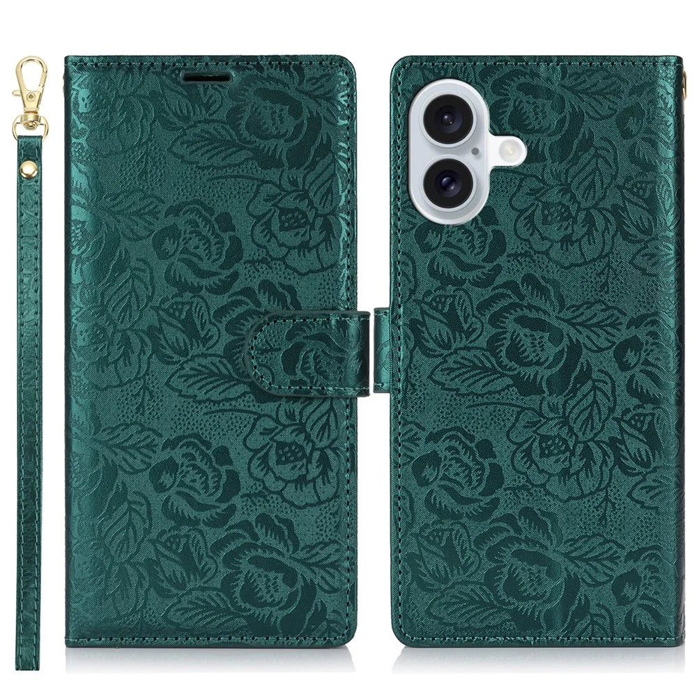 For iPhone 16 Plus Case with Hand Strap Flower Imprint Leather Wallet Phone Cover - Green - 1