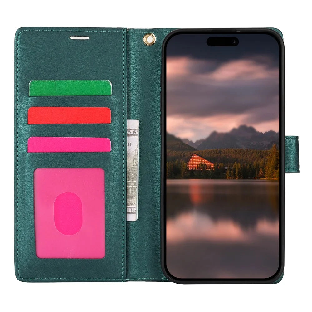 For iPhone 16 Plus Case with Hand Strap Flower Imprint Leather Wallet Phone Cover - Green - 2