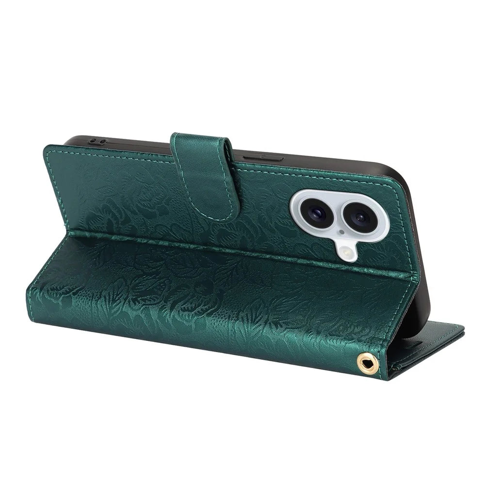 For iPhone 16 Plus Case with Hand Strap Flower Imprint Leather Wallet Phone Cover - Green - 3