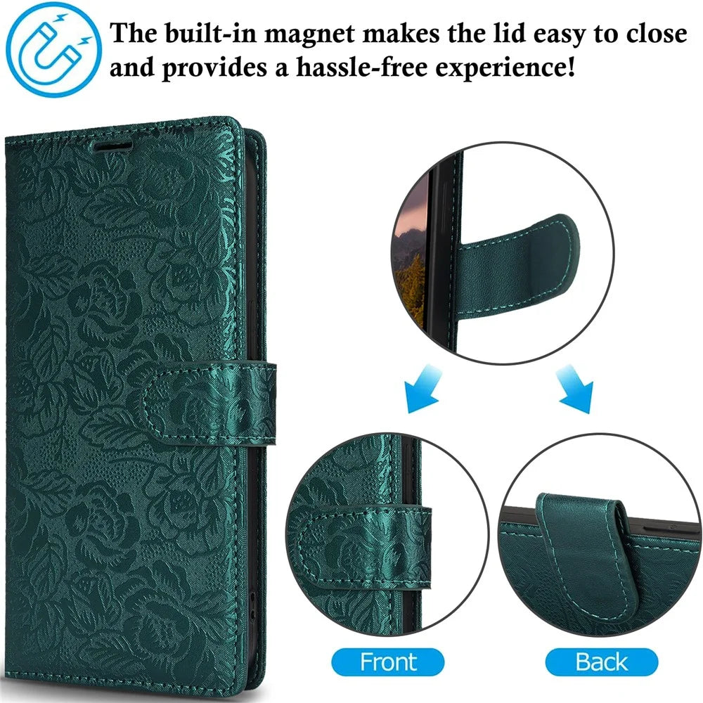 For iPhone 16 Plus Case with Hand Strap Flower Imprint Leather Wallet Phone Cover - Green - 5