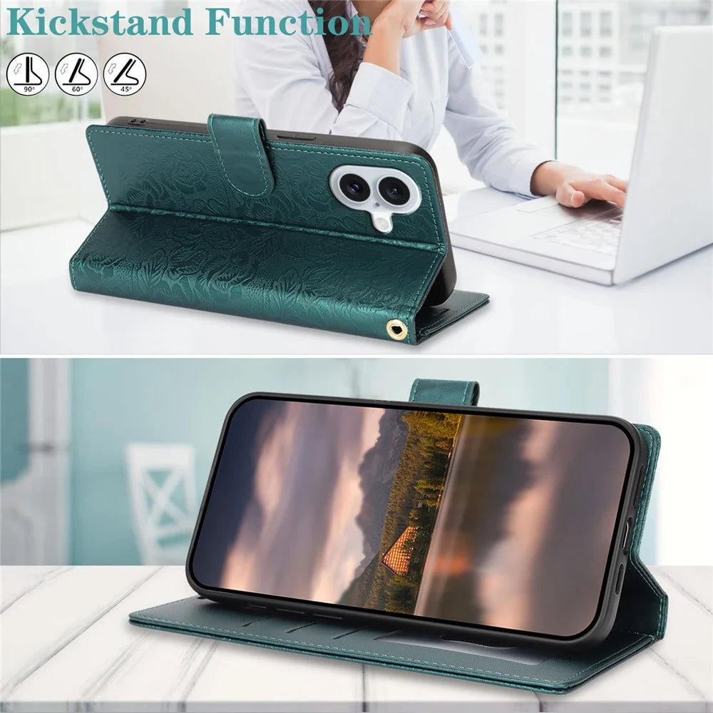 For iPhone 16 Plus Case with Hand Strap Flower Imprint Leather Wallet Phone Cover - Green - 6