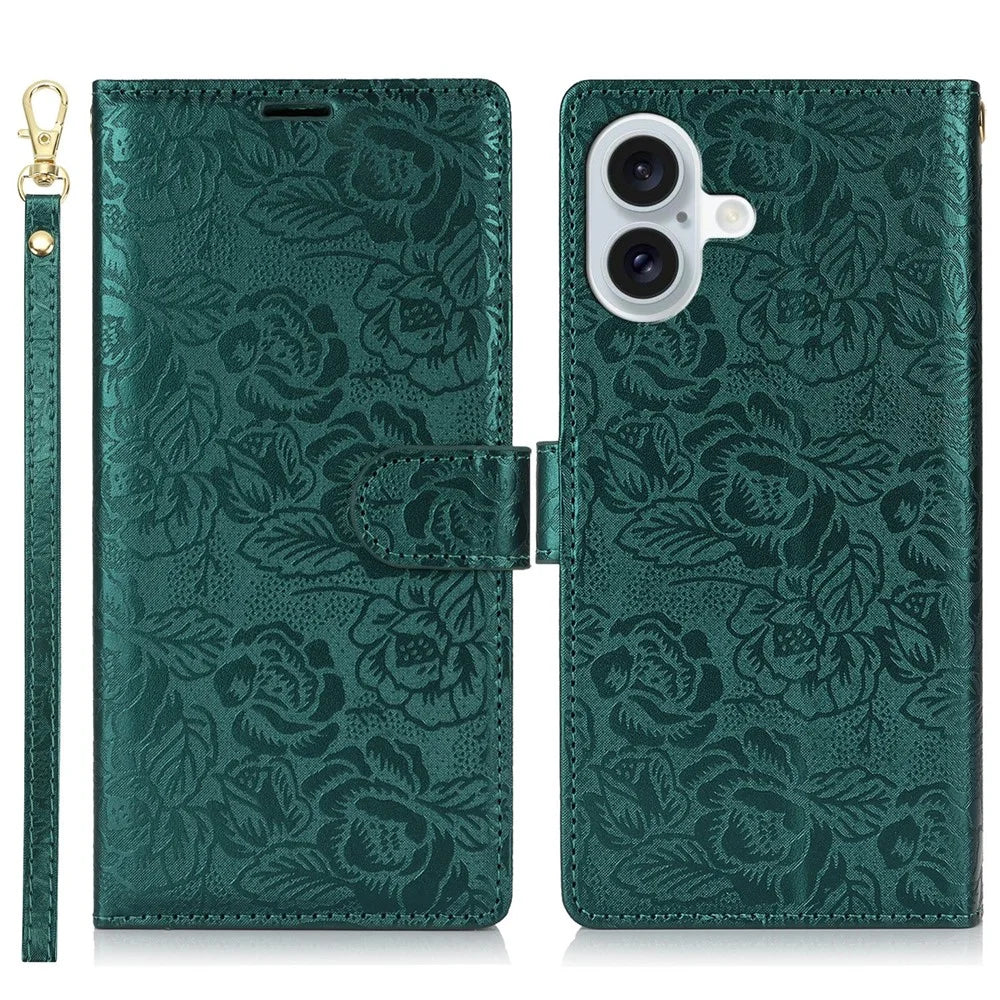 For iPhone 16 Case with Hand Strap Flower Imprint Leather Wallet Phone Cover - Green - 1