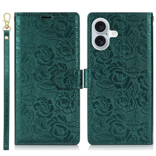For iPhone 16 Case with Hand Strap Flower Imprint Leather Wallet Phone Cover - Green - 1