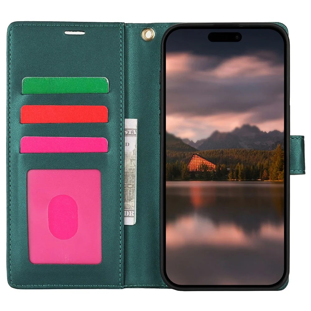 For iPhone 16 Case with Hand Strap Flower Imprint Leather Wallet Phone Cover - Green - 2