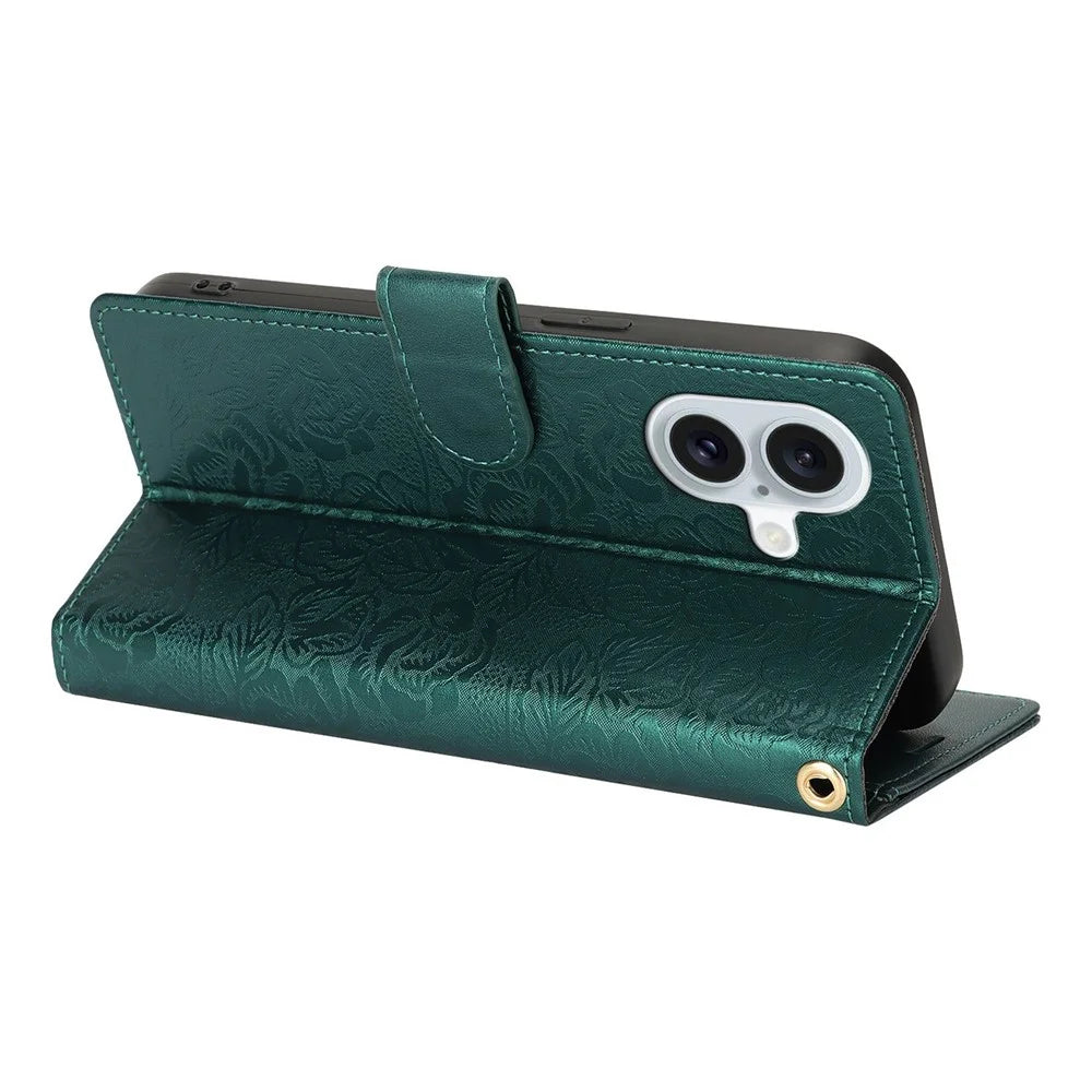 For iPhone 16 Case with Hand Strap Flower Imprint Leather Wallet Phone Cover - Green - 3