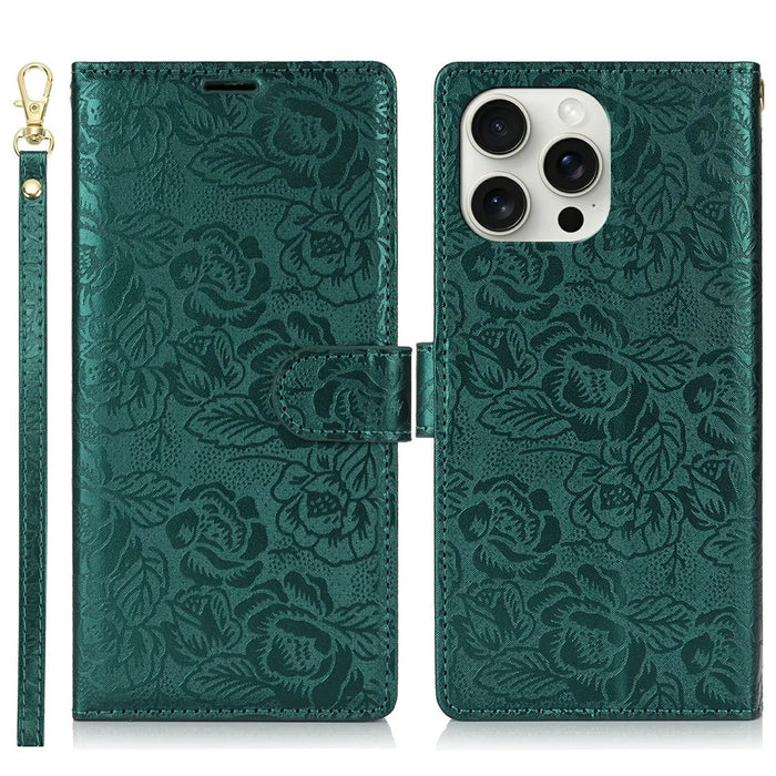 For iPhone 15 Pro Max Case with Hand Strap Flower Imprint Leather Wallet Phone Cover - Green - 1