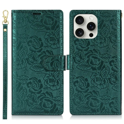 For iPhone 15 Pro Case with Hand Strap Flower Imprint Leather Wallet Phone Cover - Green - 1